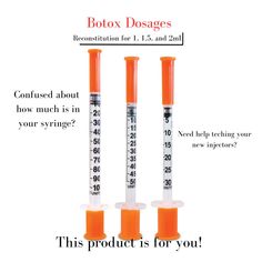 Enhance your neurotoxin injection training with our comprehensive educational handout, meticulously designed to cater to both novices and seasoned professionals.  This essential guide covers a range of reconstitution volumes, including: 100U in 2ml, 1.5ml, and 1ml & 50U in 1ml, 0.75ml, and 0.5ml Accompanied by clearly labeled syringes for: 1ml (100U), 0.5ml (50U), and 0.3ml (30U), this handout serves as an invaluable visual aid for accurate dosage drawing. Ideal for display in clinical settings Botox For Headaches, Botox Syringe, Botox Syringe Units, Aesthetic Nurse, Aesthetic Nurse Injector, Cosmetic Nurse Injector, Different Types Of Injections, Botox Injection Sites Amounts, Botox Injection Sites Diagram