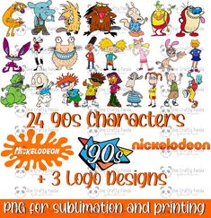 the cartoon characters are all drawn in different colors and sizes, including one with an orange background