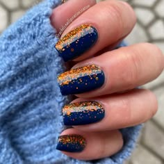 Navy And Silver Nails, Short Fall Nail Designs, Short Fall Nail, Nails Navy, Navy Nails, Orange Nail Designs, Fall Nail Ideas, Halloween Color, November Nails