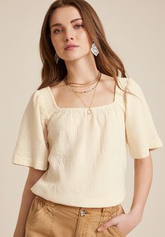 Double Cloth Bell Sleeve Blouse - Materials & Care:imported - 100% cotton - machine wash Womens Blouse Sewing Patterns, Cute Tops For School Blouses, Nice Blouses For Women, Blouses For Women Casual Classy, Tops For Jeans For Women, Fashion Tops Blouse Style, Nice Shirts For Women, Fall Blouses For Women, Linen Blouses For Women