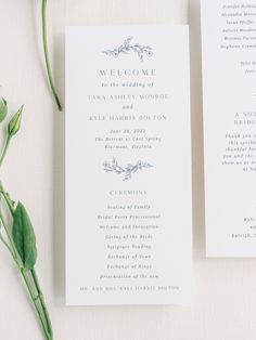 the wedding programs are laid out on top of each other, with greenery in front of them