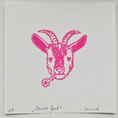 a pink ink drawing of a goat with flowers on it's antlers head