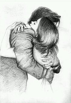 a drawing of two people hugging each other with one holding the other's head