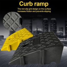 an advertisement for curb ramp with yellow and black blocks