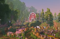 an image of a farm in the middle of some trees and bushes with animals on them