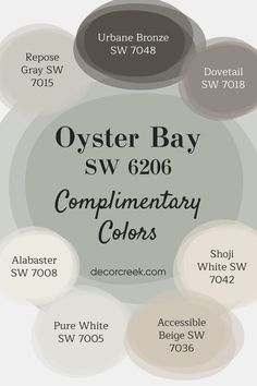 The image displays complementary colors for the paint "Oyster Bay SW 6206" by Sherwin-Williams. It features color swatches with labels, including Urbane Bronze, Dovetail, Repose Gray, Alabaster, Shoji White, Pure White, and Accessible Beige. The background is a soft green representing the Oyster Bay color, and the overall design highlights a mix of neutral and earthy tones. Trim With Alabaster Walls, Alabaster And Pure White, Accessible Beige And Alabaster, Accessible Beige Bedroom, Alabaster Bedroom, Alabaster Sherwin Williams, Beige Dining Room