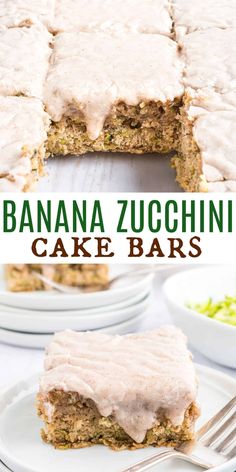 banana zucchini cake bars with frosting on top