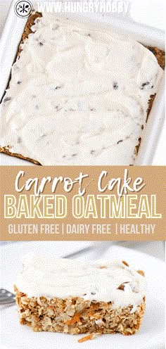 carrot cake baked oatmeal with white frosting on top and in the middle