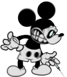 a cartoon mickey mouse holding a pen and pointing at it's head with its mouth wide open