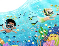 two children swimming in the ocean with fish and corals