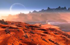 an alien landscape with mountains and rocks in the foreground stock photo - 957982