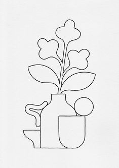 a black and white drawing of a flower in a vase with two hearts on it