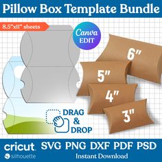 the paper pillow box template bundle includes 5 different sizes and five different size options for each item