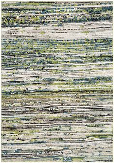 an area rug with multicolored stripes on the bottom and green, blue, white, and grey colors