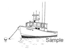 a black and white drawing of a boat in the water with an inscription sample on it