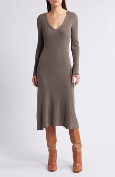 Rails Arlette Long Sleeve Cotton Blend Sweater Dress | Nordstrom Olive Sweater Dress, Knee High Boots Dress, Sweater Maxi Dress, Long Knitted Dress, Sweater Season, Dress Knit, Long Sleeve Sweater Dress, Comfortable Dress, Nordstrom Dresses