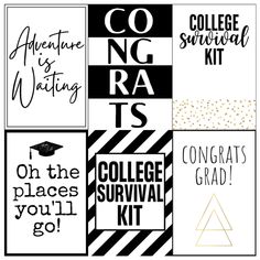 the college survival kit is shown in black and white, with gold foil on it