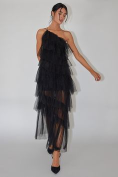 Arrabel Tiered Ruffle Tulle Maxi Dress Black Tulle Ruffles, Tulle Midi Dress, Tulle Maxi Dress, Guest Attire, Midi Dress Black, Maxi Dress Black, Wedding Attire Guest, Black Tulle, Blue Bridesmaids