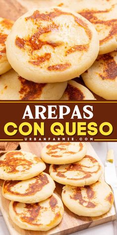 some pancakes are stacked on top of each other with the title areaas con queso