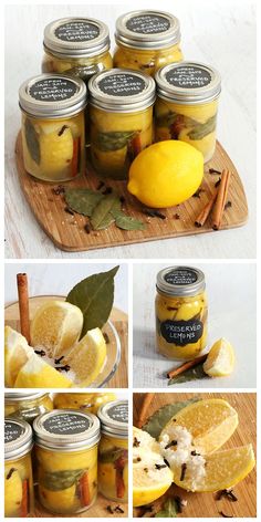 lemons, apples and spices are in jars on a cutting board with cinnamon sticks