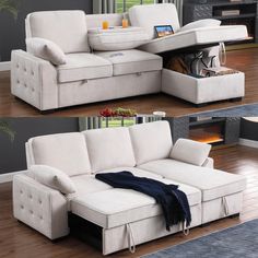 two pictures of a sectional sofa with pull out bed and storage compartment underneath the couch