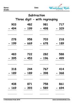 subtracting three digit with regrouping 3 Digit Subtraction Without Regrouping, Subtracting Integers Worksheet, Addition With Regrouping Worksheets, 3 Digit Subtraction, Subtraction With Regrouping Worksheets, Math Subtraction Worksheets, Regrouping Subtraction, Math Fact Worksheets