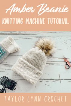 a knitted beanie with scissors, yarn and other items to make it look like someones knitting machine