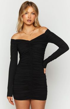 Black Ruche Mini Dress:  How to style: We have found the perfect party dress for you. This dress can do everything from a beautiful night out outfit to a comfortable dinner outfit when paired with heels and gold jewellery  Features: Light weight mid stretch material Fully lined Long sleeve style Sweetheart off shoulder neckline Mini length Middle. sides. sleeve ruche detailing Black Long Sleeve Mini Dress, Semi Dresses, Off Shoulder Neckline, Prom Midi Dress, Long Sleeve Style, Dinner Outfit, Mini Dress Fashion, Women Long Sleeve Dress, Beautiful Night