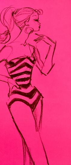 a drawing of a woman in a bathing suit holding a drink and looking at her cell phone