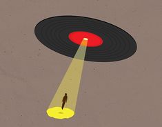 an illustration of a person standing in front of a disc with light coming from it