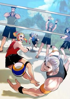 an animated image of people playing volleyball on the beach with other people in the background