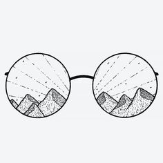 a pair of round glasses with mountains in the reflection, on a white background that appears to be drawn by hand