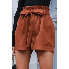 Classic corduroy brown shorts. Elastic waist with decorative tie. These super fun shorts are perfect for you! Style me dressy or casual and achieve the perfect look either way. Runs true to size. Model is wearing a size small. Bag Shorts Outfit, Paper Bag Shorts Outfit, Street Fits, Paper Bag Shorts, Casual Tie, Corduroy Shorts, Tie Length, Tie Shorts, Short Waist