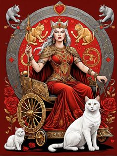 a woman sitting on top of a carriage next to two white cats and one cat