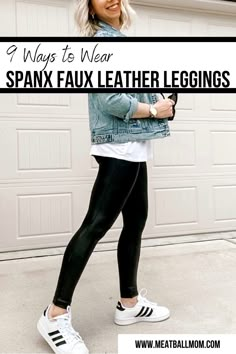 Upscale Mom Outfits, Leather Leggings And Converse, Leather Leggings With Tennis Shoes, Faux Leather Leggings Outfit Over 40, Leather Leggins Casual Outfit, Leather Legging Work Outfits, Casual Outfits With Leather Leggings, How To Wear Faux Leather Leggings Casual, Black Spanks Leggings Outfit