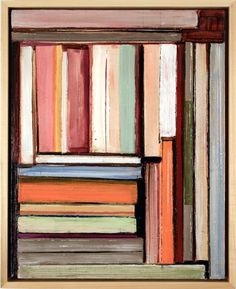 an abstract painting with multicolored lines on the bottom and bottom, in a wooden frame