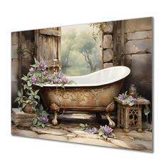 an old bathtub with purple flowers on the side and a table next to it