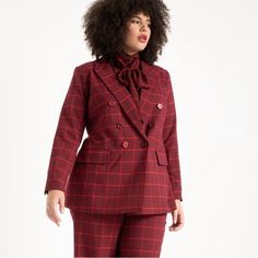 Brand New With Tags Beautiful Suit From Eloquii In Size 28. Burgundy Is Trendy For Fall This Year And The Pattern Is A Windowpane With The Accent In Red. This Suit Is So Beautiful But I Work From Home And Have Nowhere To Wear It To! Please Note That I Am Selling As A Suit (Do Not Want To Separate Ideally) And That I Am Also Selling The Matching Tie Neck Shirt And Mini Dress ( I Was Actually Going To Cut The Dress Off To Have Another Shirt Option To Match The Suit!). Pet And Smoke Free Home. Tie Neck Shirt, Beautiful Suit, Tie Neck, Work From Home, Neck Shirt, So Beautiful, Suits For Women, From Home, Neck Tie