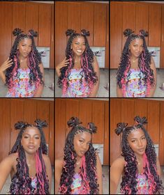 Black Pink Box Braids, Black And Pink Box Braids With Curls, Knotless Braids With Color Pink, Pink Peekaboo Highlights Braids, Pink And Black French Curl Braids, Peak A Boo Braids Pink, Half Pink Half Black Hair Box Braids, Black Braids With Pink Underneath, Ways To Style Peekaboo Braids