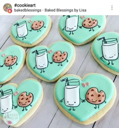 cookies decorated to look like heart - shaped cookies with milk and cookies on them