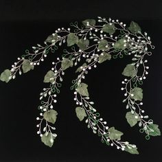 This hair vine has been hand crafted using wire, Czech Fire Polished glass beads, Pearls imitation beads and green, lime or light brown acrylic leaves. Each leaf is double secured and keeps shape. This delicate, very feminine headpiece can be made in different colors of beads/wire (silver, gold, pink) and can be worn in a different variations for different occasions, depending on the look you want: romantic, bohemian, rustic. Greenery leaves make the image fresh, and especially if it is used in Bohemian Bridal Hair, Acrylic Leaves, Rose Gold Hair Vine, Hairpiece Wedding, Gold Hair Piece, Pearl Hair Vine, Bridal Halo, Hair Piece Wedding, Bridal Hairpiece