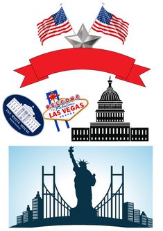 the statue of liberty and las vegas are shown in three different images, each with an american flag