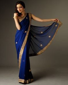 royal blue sari Blue And Gold Saree, Royal Blue Sari, Solah Shringar, Bridesmaid Squad, Sari India, Blue Sari, Indian Wardrobe, Gold Saree, Party Sarees