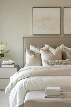 a bed with white linens and pillows in a neutral bedroom, along with two paintings on the wall