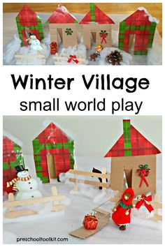 the small village is made out of cardboard and decorated with christmas decorations, snowmen and presents