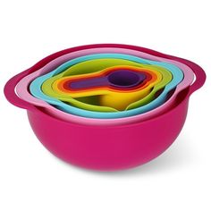 stacking bowls with colorful lids on white background