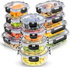 six plastic containers filled with different types of salads and vegetables, all stacked up together