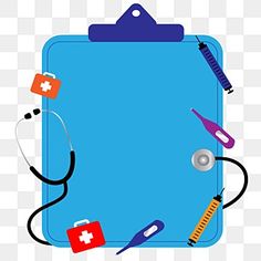 a blue clipboard with medical supplies on it