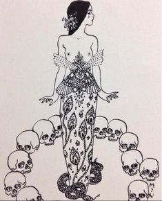 a drawing of a woman in a long dress surrounded by skulls