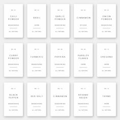 twelve white cards with black ink on them, all in different sizes and font styles